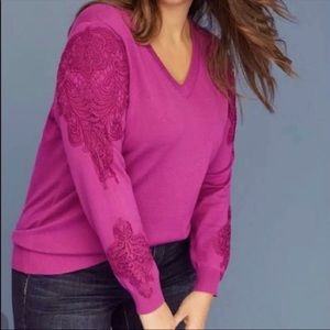 Lane Bryant V-Neck Fuchsia Purple Crotchet Lace Sleeve Detail Soft Sweater